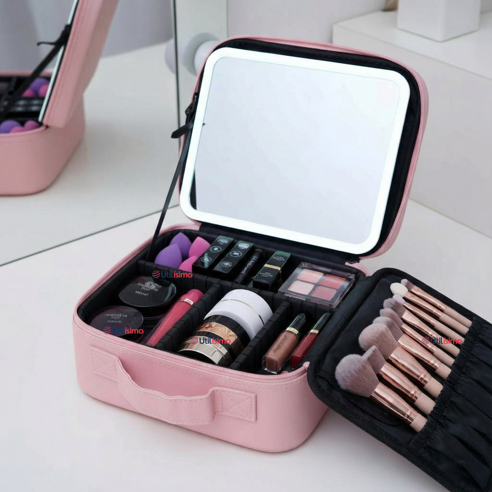 Estuche Maquillaje 2 en 1 Bolso Cosmetiquero Espejo Con Luz Led Organizador