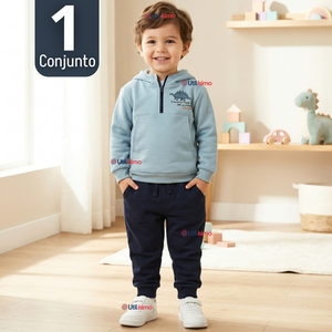 Conjunto 2 Piezas Buzo Pantalón Y Polerón Con Capucha Azul Dinosaurio Niño