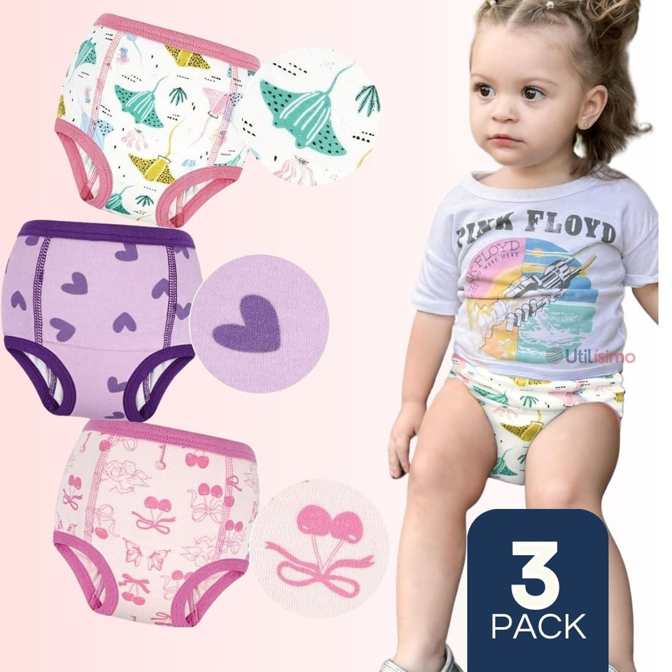 Pack 3 Calzón Pantys Niña Entrenamiento Algodón Absorbente Transpirable Cintura Elástica