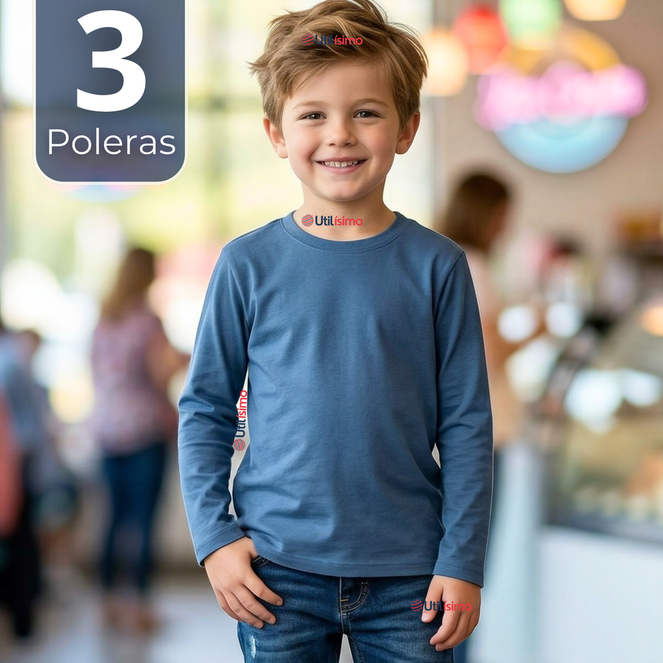 Pack 3 Poleras Camisetas Bambú Claro Oscuro Cuello Redondo Primera Capa Manga Larga Niño