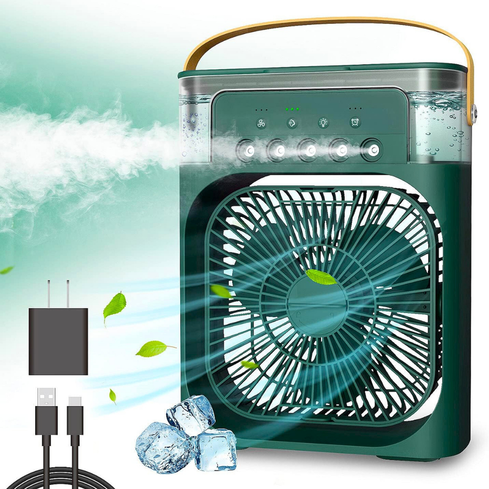 Climatizador Portátil Frío 4 en 1 Ventilador Humificador Enfriador Lampara LED 220v USB Verde