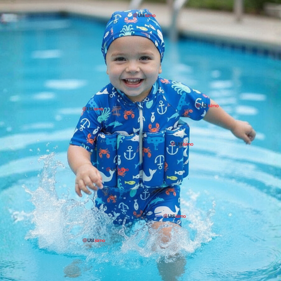 Traje de Baño Flotador Enterito Con Gorro Niño 2 Piezas 9 a 36 Meses Blue Sea