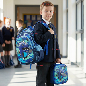 Mochila Escolar + Estuche + Lonchera 40cm Tela Oxford Azul Dinosaurio 3D Niño
