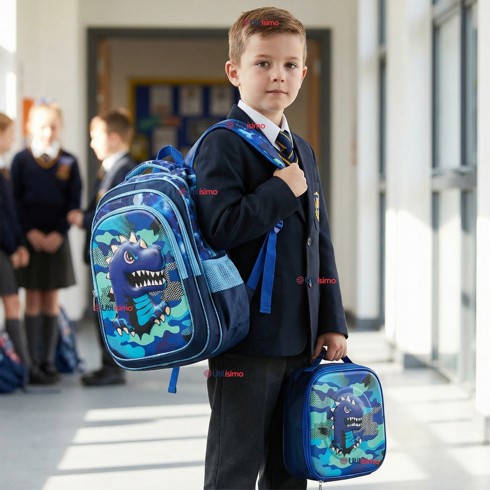Mochila Escolar + Estuche + Lonchera 40cm Tela Oxford Azul Dinosaurio 3D Niño