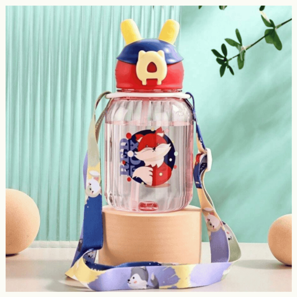 Botella Plástica 600ML Con Bombilla y Correa Kawai Sin BPA Niños