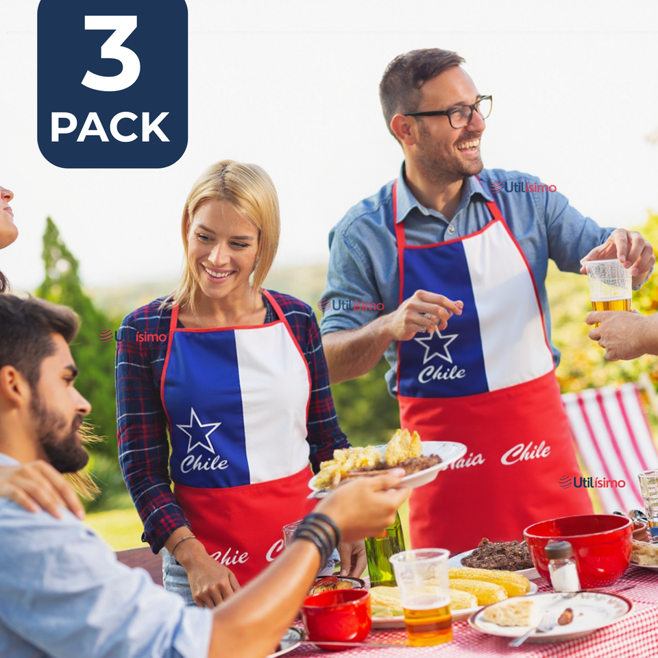 Pack 3 Delantal Cocina Fiestas Patrias Bandera Chilena 60X90 CM Viva Chile