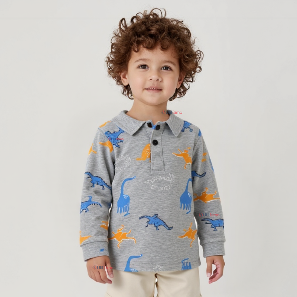 Polera Piqué Manga Larga Niño con Estampado de Dinosaurios Gris
