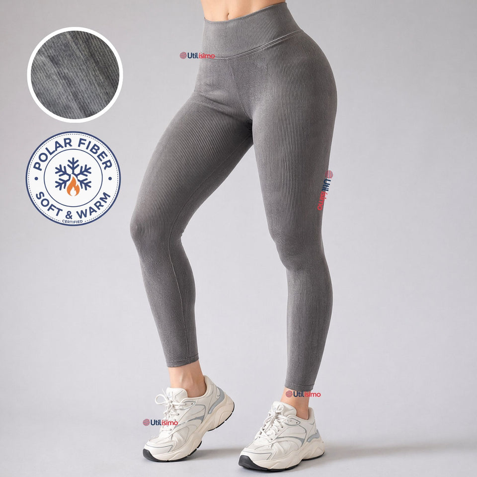 Calza Acanalada Cotelé Polar Con Chiporro Térmica Mujer Elásticada Gris Melange