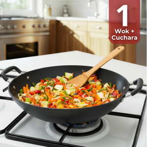 Wok Chino Acero Inoxidable Antiadherente 34cm+ Cuchara de Madera de Bambú