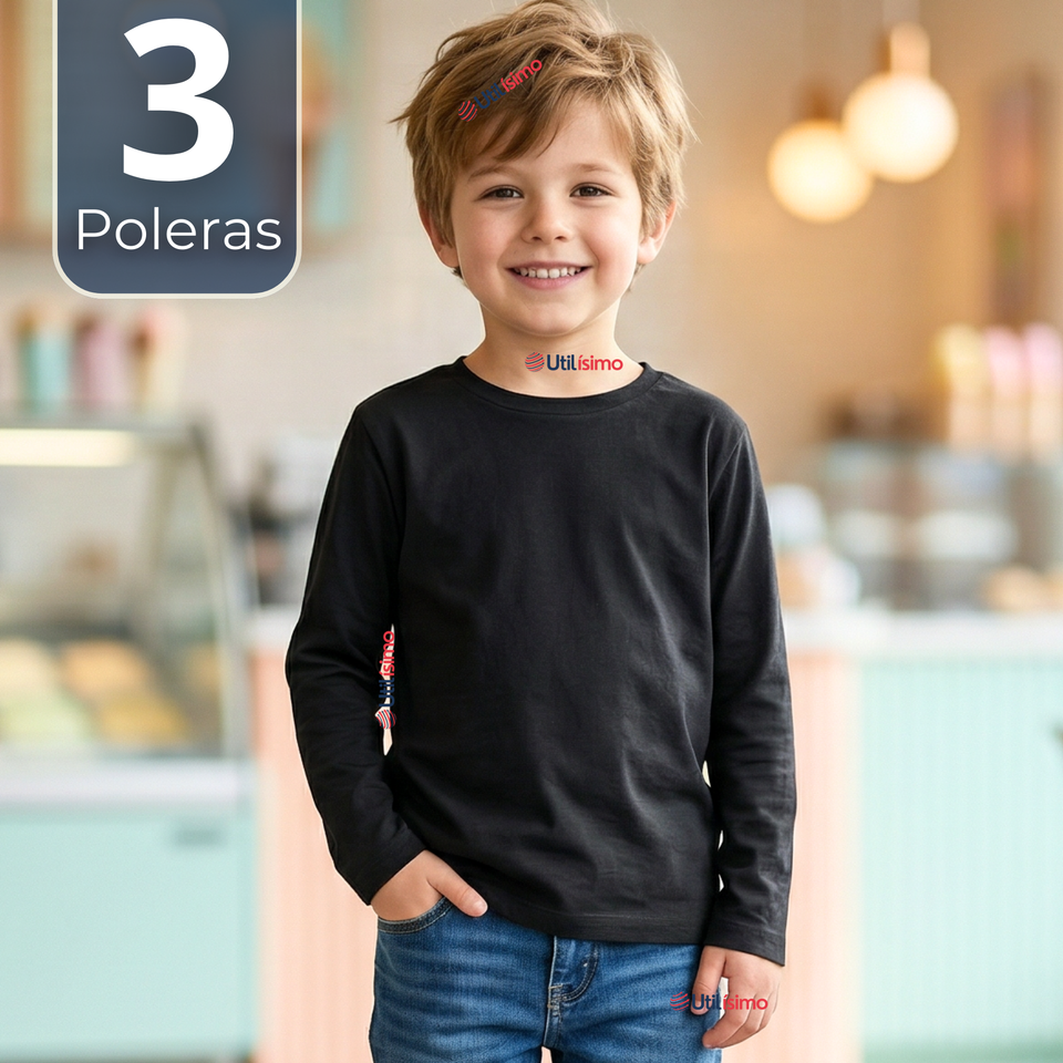 Pack 3 Poleras Camisetas Bambú Negra Cuello Redondo Primera Capa Manga Larga Niño