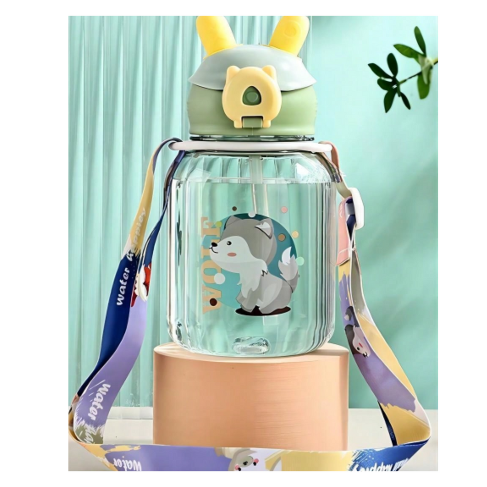 Botella Plástica 600ML Con Bombilla y Correa Kawai Sin BPA Niños