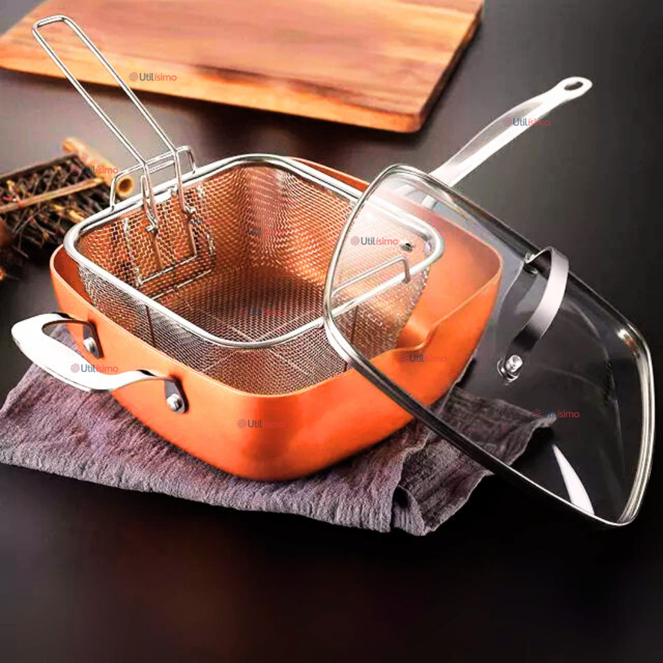 Sartén Antiadherente De Cobre Multiuso 3 en 1 Aceite Profundo Cesta Para Freír Vaporera