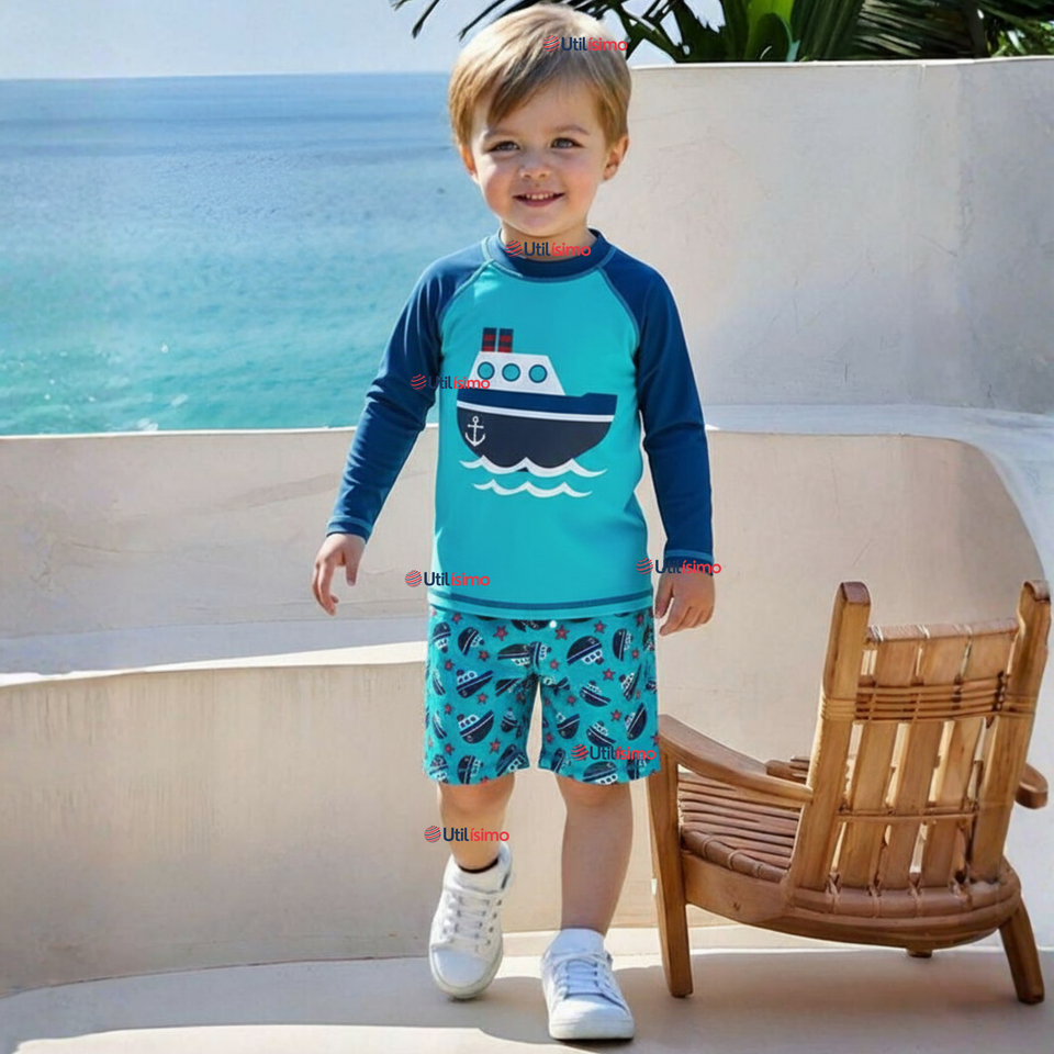 Traje de Baño Manga Larga Pantalón Corto 2 Piezas Corte Split Niño 3 a 9 años Blue Boat