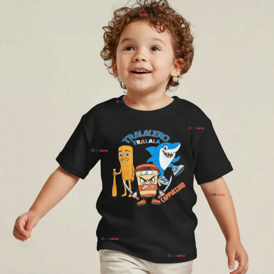 Polera Brainrots 100% Algodón Manga Corta Niño Tralalero Negro