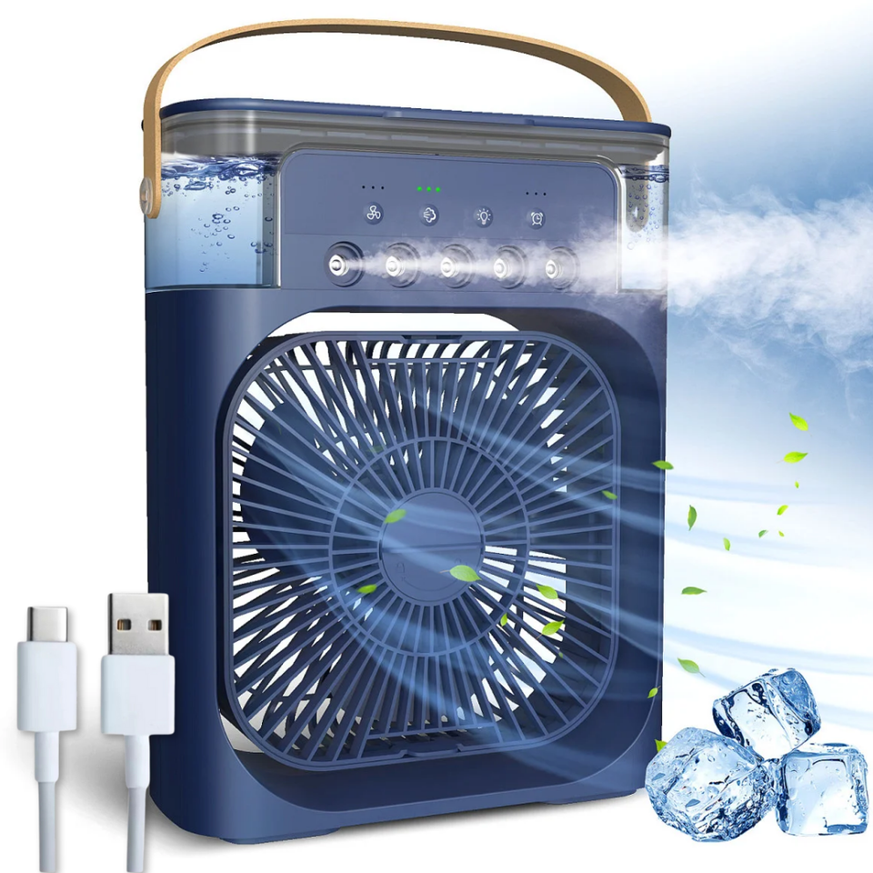 Climatizador Portátil Frío 4 en 1 Ventilador Humificador Enfriador Lampara LED 220v USB Azul