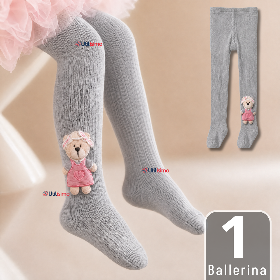 Panty 3D Osito Gris Tejida Niña Ballerina 78% Algodón Premium