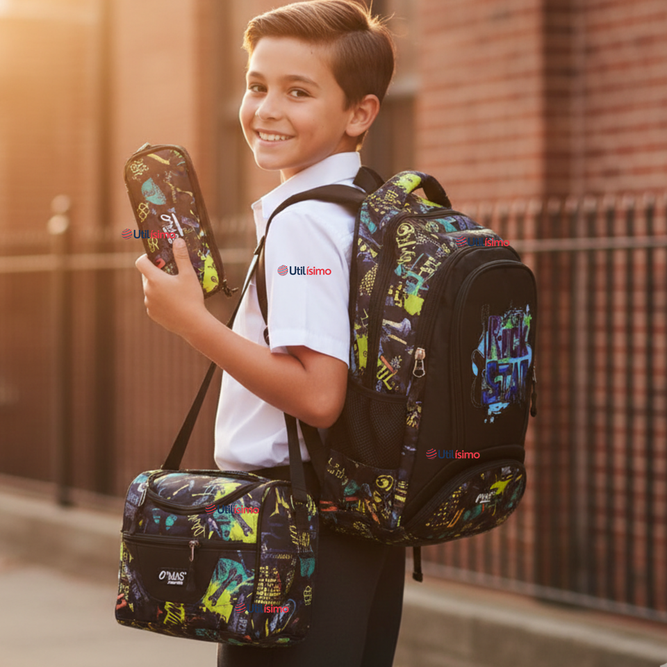 Mochila Escolar Kit Con Estuche y Lonchera 43cm Tela Oxford Rock Star Niño
