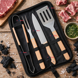 Set Parrilero 4 Piezas Acero Inoxidable Con Estuche Asado Barbacoa Fiestas Patrias
