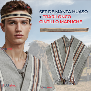 Set Poncho Manta Mapuche LANA GRUESO 120x80CM +TRARILONCO CINTILLO MAPUCHE 87CM Fiestas Patrias