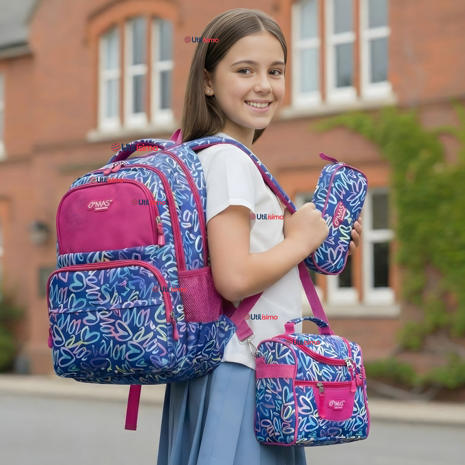 Mochila Bolso Escolar + Estuche + Lonchera 43Cm Niña Tela Oxford Love Graffiti