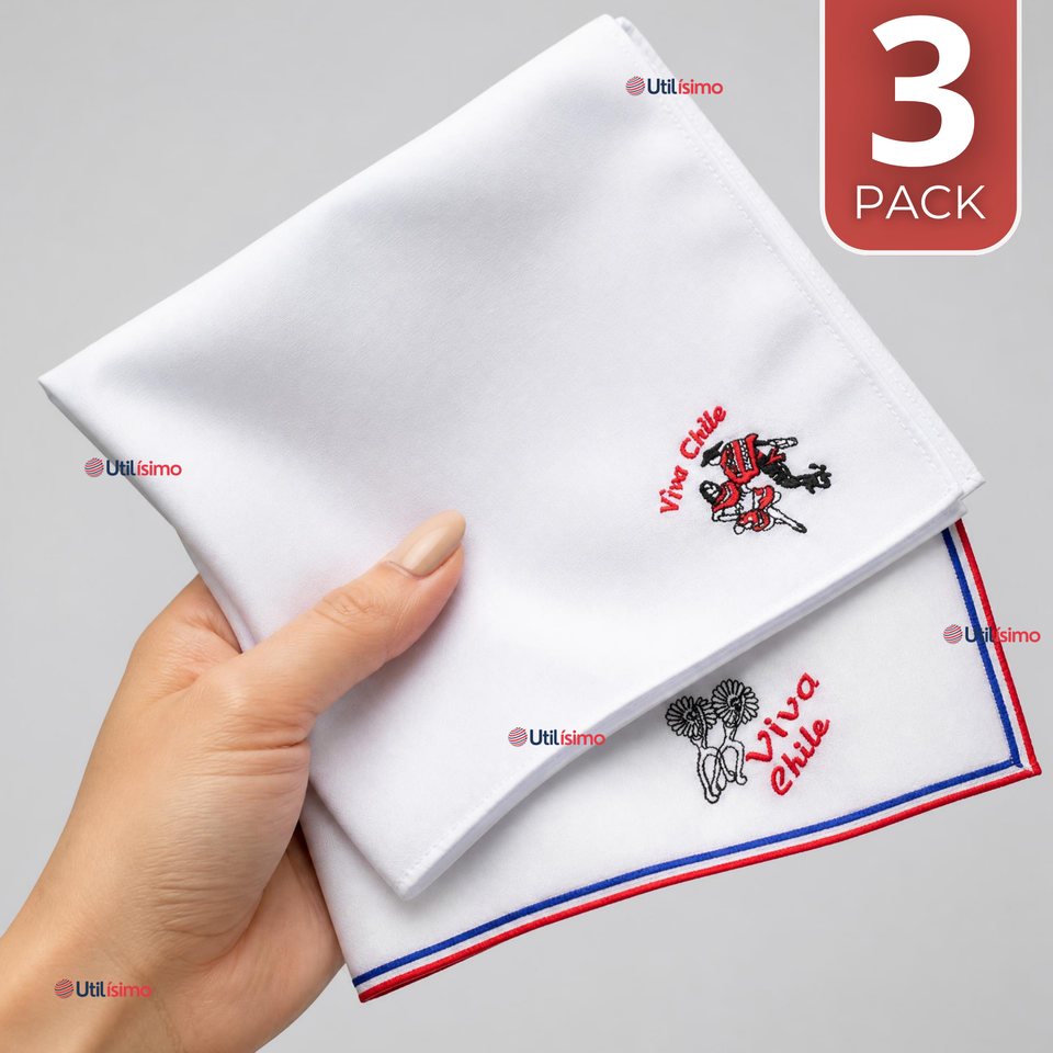 Pack 3 Pañuelos Baile Cueca 45cm Diseños Surtidos Algodón Fiestas Patrias