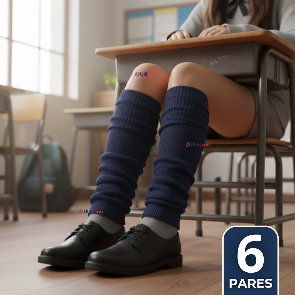 Pack 6 Polainas Escolares Invierno Abrigadoras Niña Azul Acrílico