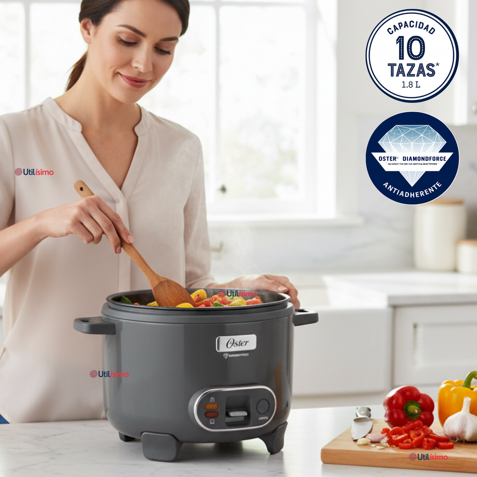 Oster Arrocera 3 en 1, 10 Tazas de Capacidad Función de Sofrito, Vaporera, Recubrimiento Antiadherente Oster DiamondForce, CKSTRC10DFSKE