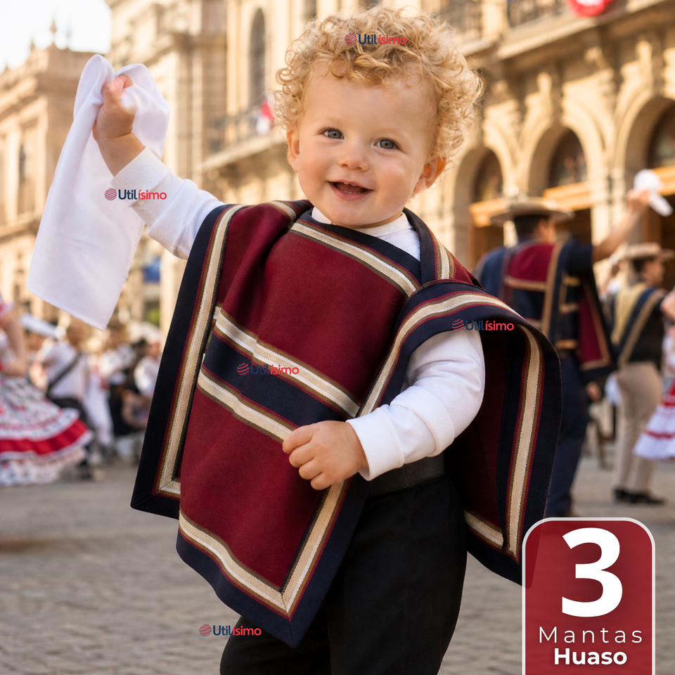 Pack 3 Mantas Poncho Huaso Niño Baile Cueca Fiestas Patrias