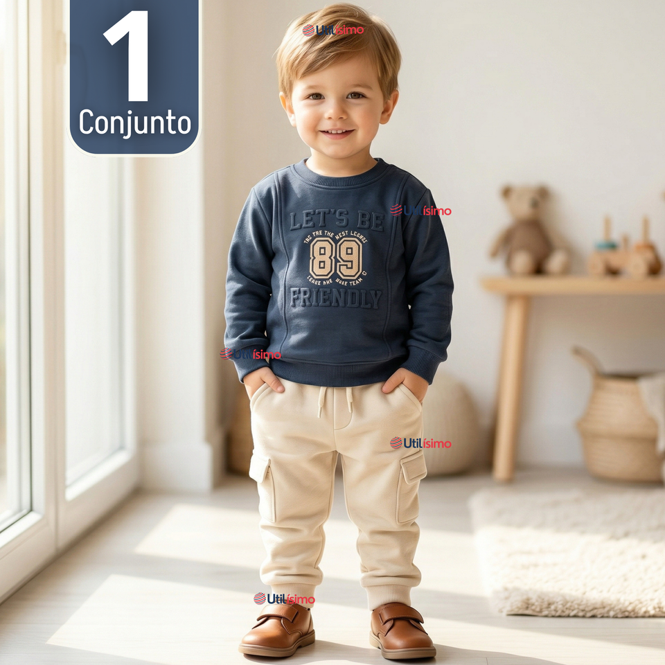 Conjunto 2 Piezas Buzo Pantalón Y Polerón De Algodón Azul Niño