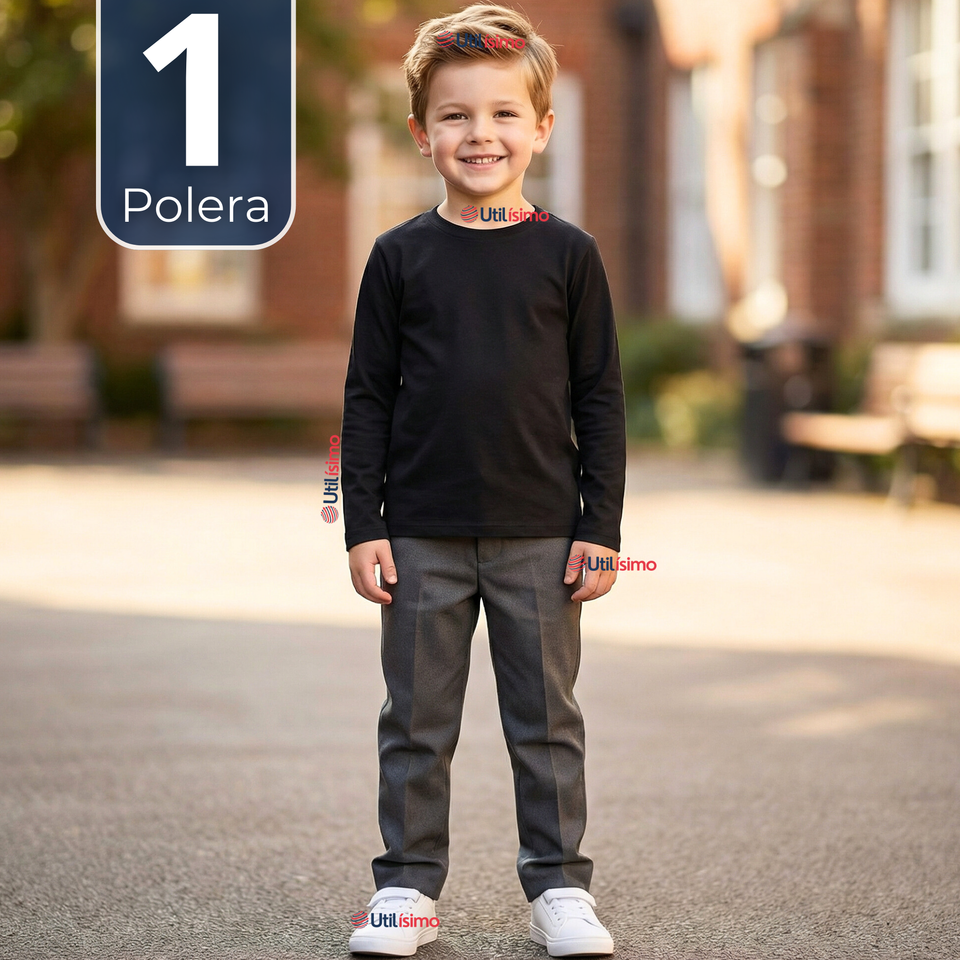 Polera Camiseta Polar Negra Primera Capa Escolar Cuello Redondo Manga Larga Niño