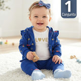 Conjunto 3 Piezas Buzo Pantalón Polerón Body De Algodón Azul Corazones Bebé Niña