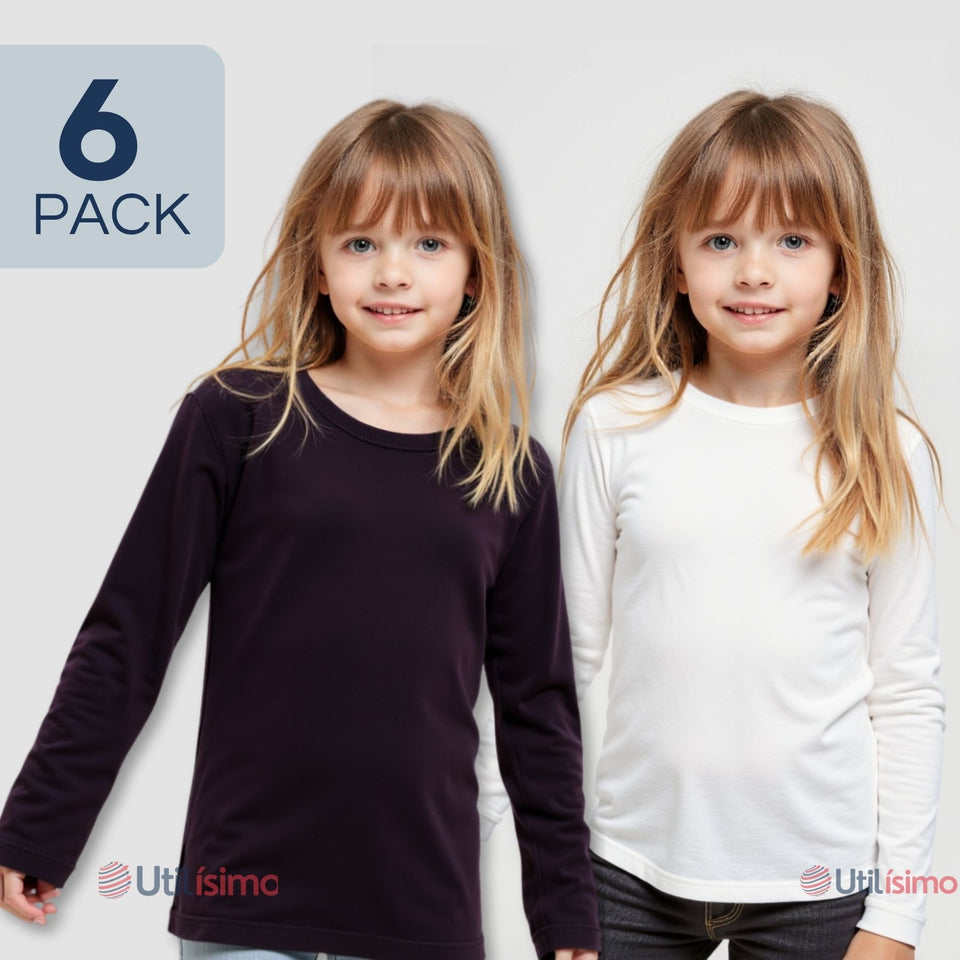 Pack 6 Camisetas Algodón Manga Larga Polera Niña Primera Capa Blanco y Negro