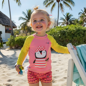 Traje De Baño Manga Larga y Pantalón Corto 2 Piezas Niña de 3 a 9 Años Pink Penguin