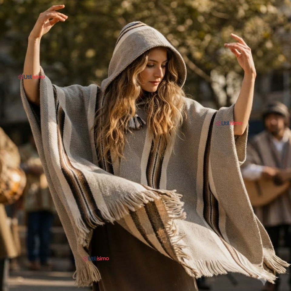 Poncho Mapuche Lana Alpaca Con Capucha Unisex Fiestas Patrias