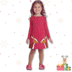 Vestido de Algodón Navidad Manga Larga Niña 2 a 7 años Renos Rojos