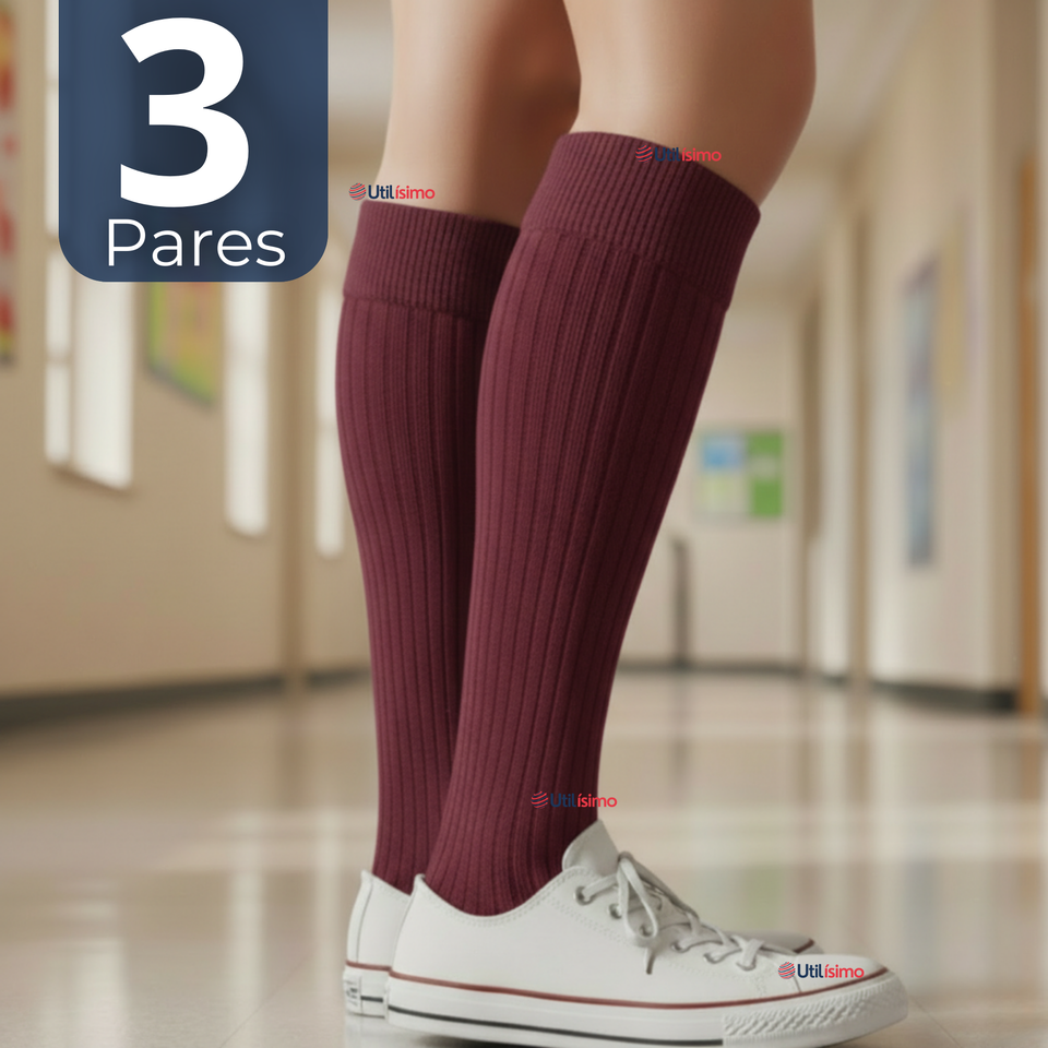 Pack 3 Calcetínes Escolares Largo Acrílico Burdeo Niñas Juvenil Color Vino