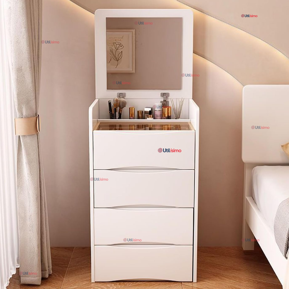 Tocador De Lujo Plegable Con Taburete Y Espejo De luz Ajustable 4 Cajones MDF Blanco 80x40x40cm