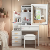 Tocador Y Taburete De Lujo Espejo Ajustable Con Luz Integrada 4 Cajones MDF Blanco 80x40x135cm
