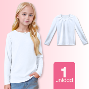 Camiseta Algodón Manga Larga Polera Niña Primera Capa Cuello Redondo Blanca