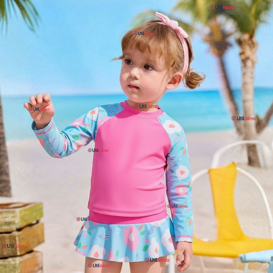 Traje De Baño Manga Larga Estilo Tankini Con Falda Niña 2 a 7 años Pretty Flowers