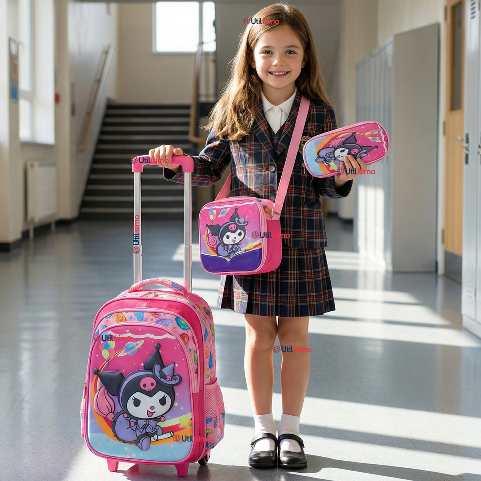 Mochila Escolar Kuromi 3D Con Ruedas Desmontable + Estuche + Lonchera Poliéster Rosa Niña