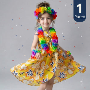 Traje Pareo Pascuense Hawaiano Amarillo con Accesorios Niña Fiestas Patrias