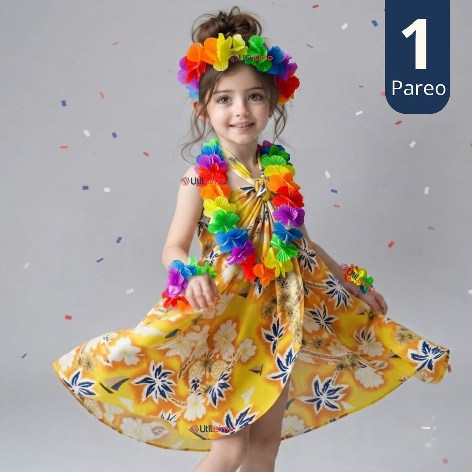 Traje Páscuense Pareo Hawaiano Amarillo Niña Con Accesorios