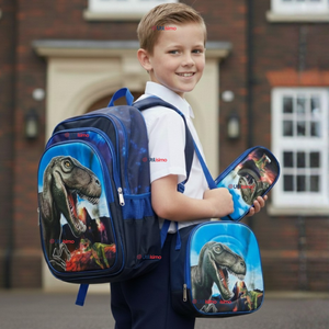 Mochila Escolar Bolso Con Efecto 3D Estuche + Lonchera 40Cm Tela Oxford Niño Dinosaur