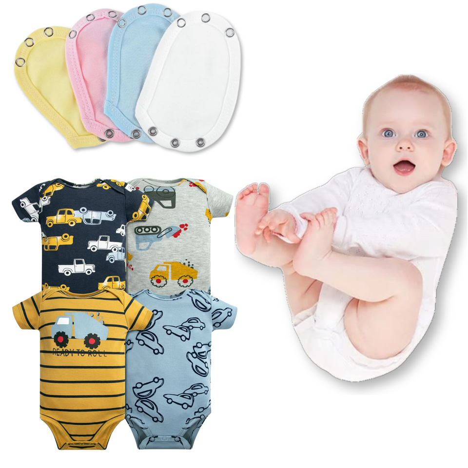 Pack 4 Unidades Extensor Body Bebé +Pack 4 Bodys Algodón Niño Manga Corta Autos Amarillos