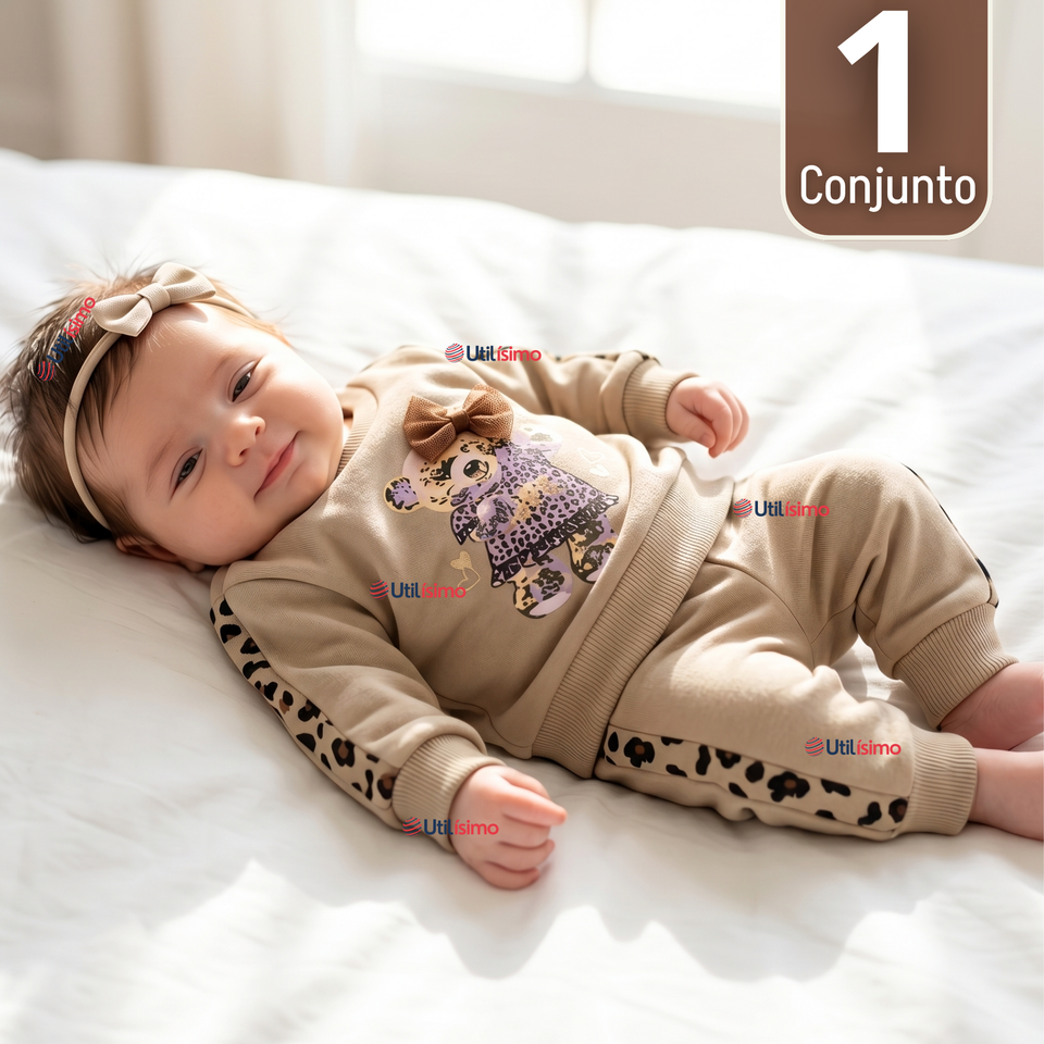 Conjunto 3 Piezas Buzo Pantalón Polerón Body De Algodón Beige Bebé Niña