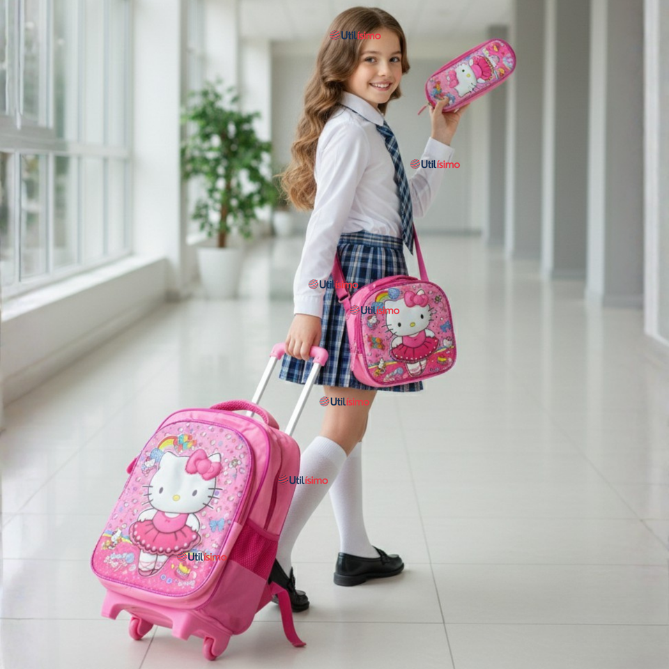 Mochila Escolar Hello Kitty Bailarina Con Ruedas Desmontables + Estuche + Lonchera Niña Poliéster