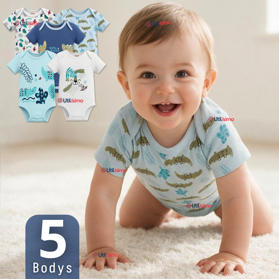 Pack 5 Bodys Manga Corta %100 Algodón Tedmimak Niño Blue Croc Jungle