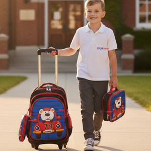Mochila Escolar Con Ruedas + Estuche + Lonchera Poliéster Oso Niño