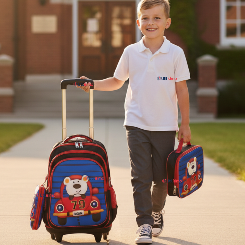 Mochila Escolar Con Ruedas + Estuche + Lonchera Poliéster Oso Niño